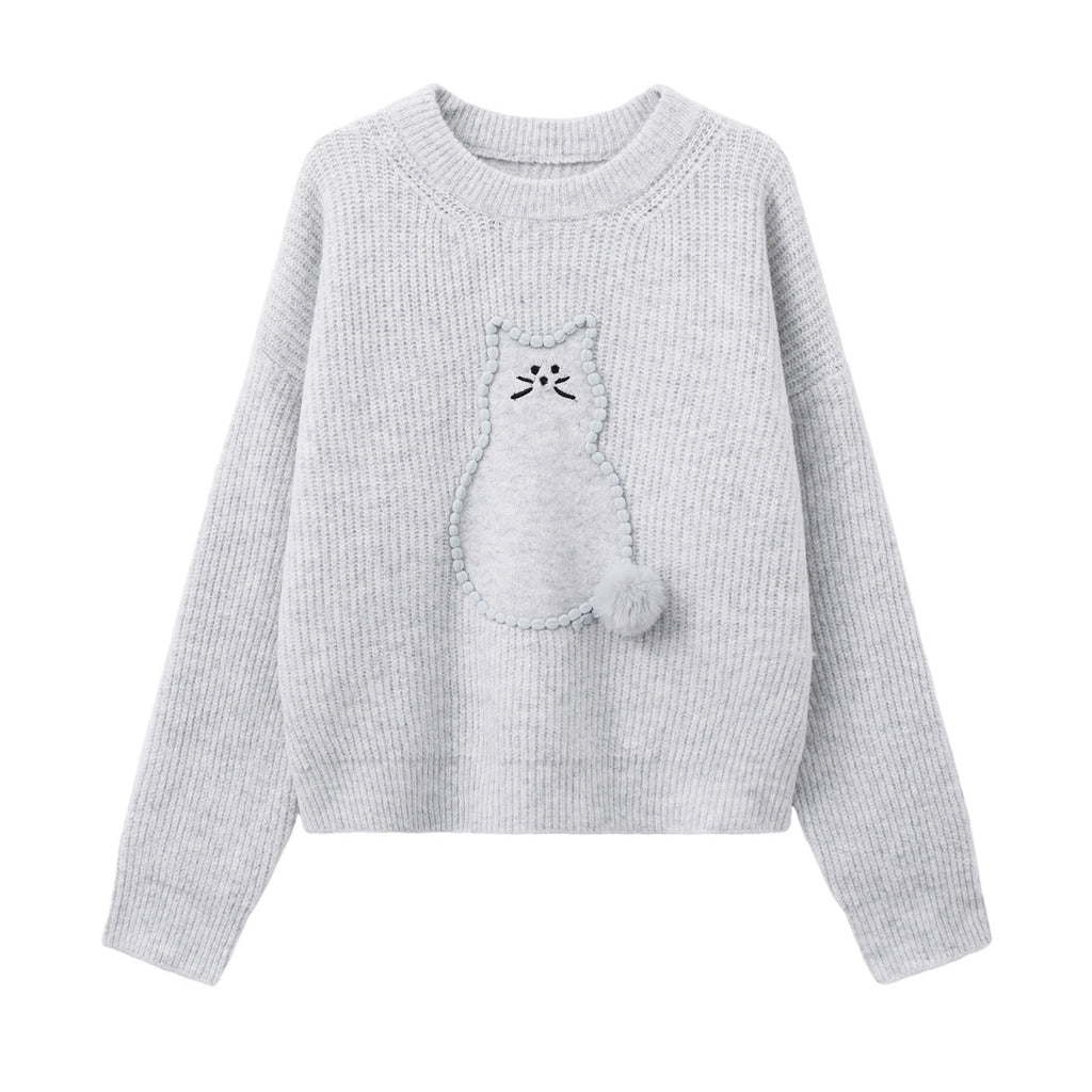 Cat pattern crew neck gray sweater women's new versatile sweet and loose pullover knitted top for autumn and winter 2025