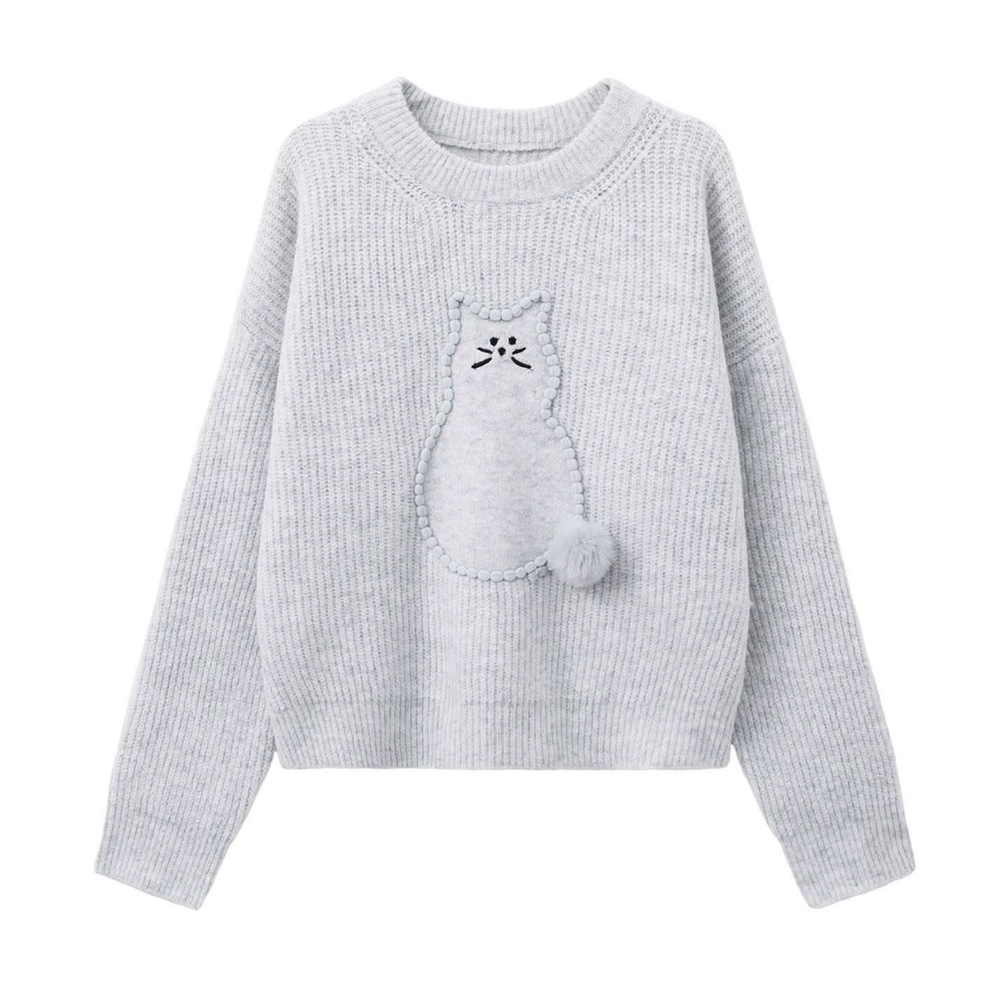 Cat pattern crew neck gray sweater women's new versatile sweet and loose pullover knitted top for autumn and winter 2025