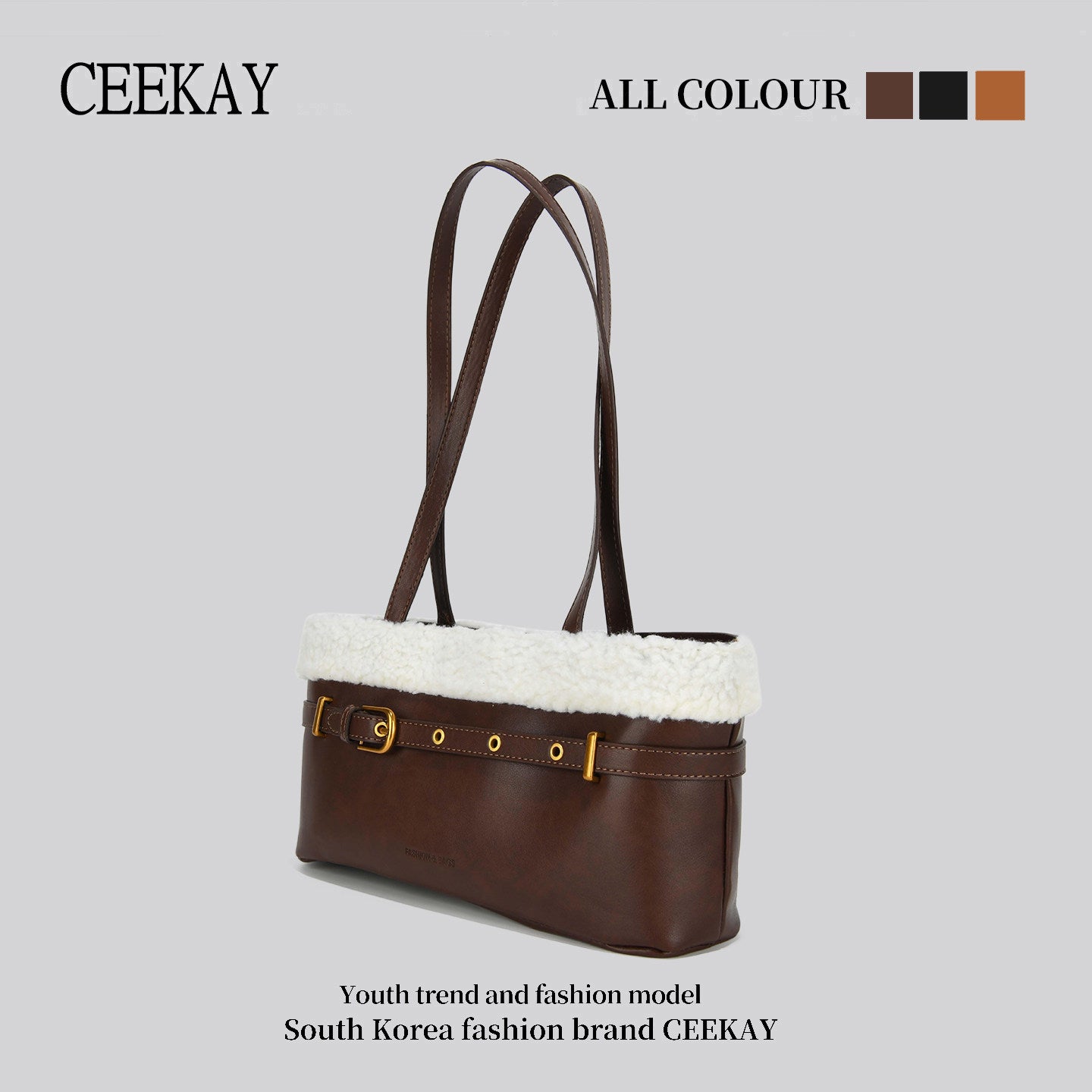 CEEKAY genuine Korean plush patchwork tote bag women's autumn and winter high-end niche design one-shoulder handbag