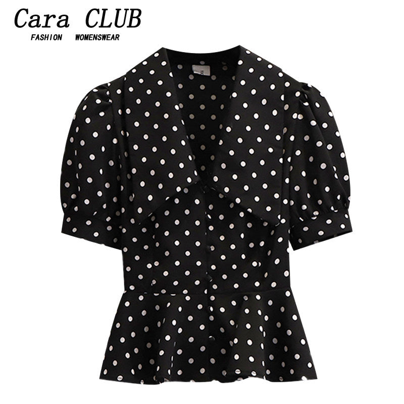 CaraCLUB Plus Size Doll Collar Polka Dot Puff Sleeve Chiffon Shirt Women's 2025 New Summer French Chic Short Sleeves