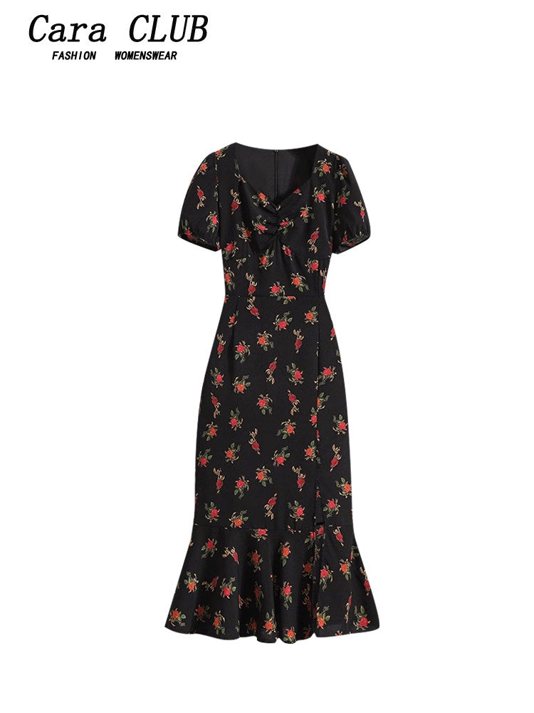 CaraCLUB large size square neck floral dress women's summer fat sister mm waist slimming high-end hip skirt