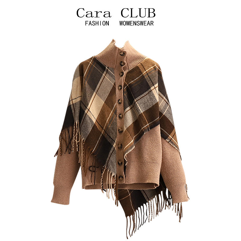 Cara CLUB plus size fake two-piece plaid tassel shawl women's early autumn fashion slimming temperament knitted jacket