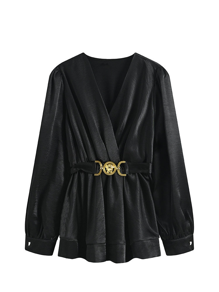 Cara CLUB large-size design shirt women's autumn fat sister French temperament age-reducing slimming long-sleeved top