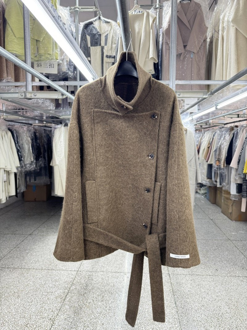 Su Li long wool reversible sheep wool coat women's short 25 autumn new loose stand-up collar vintage lace-up woolen jacket