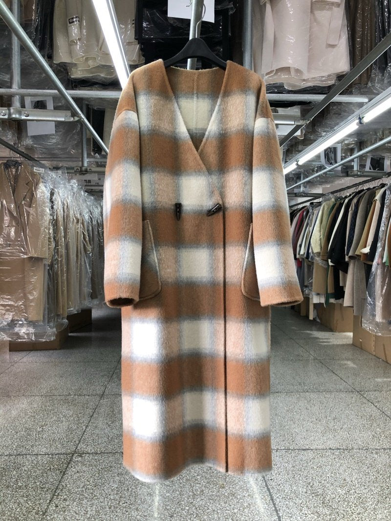 Large plaid reversible cashmere coat women's mid-length 25 autumn and winter new Korean scarf V-neck A-shaped woolen jacket