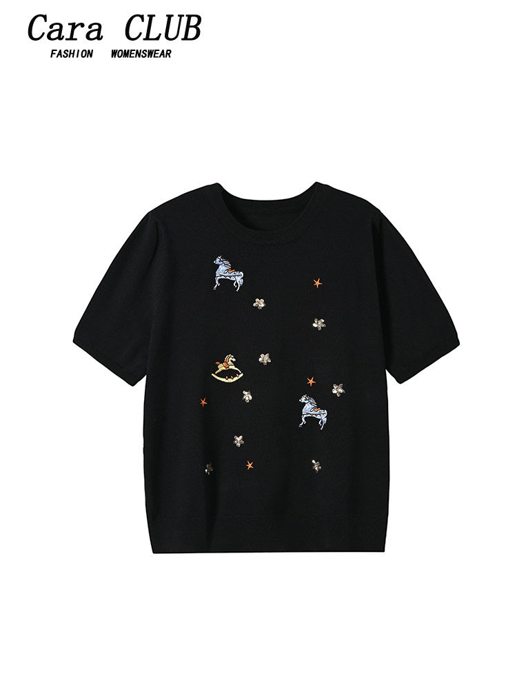 Cara CLUB large size ice silk knitted short-sleeved T-shirt women's summer fat mm loose cover belly slimming design top