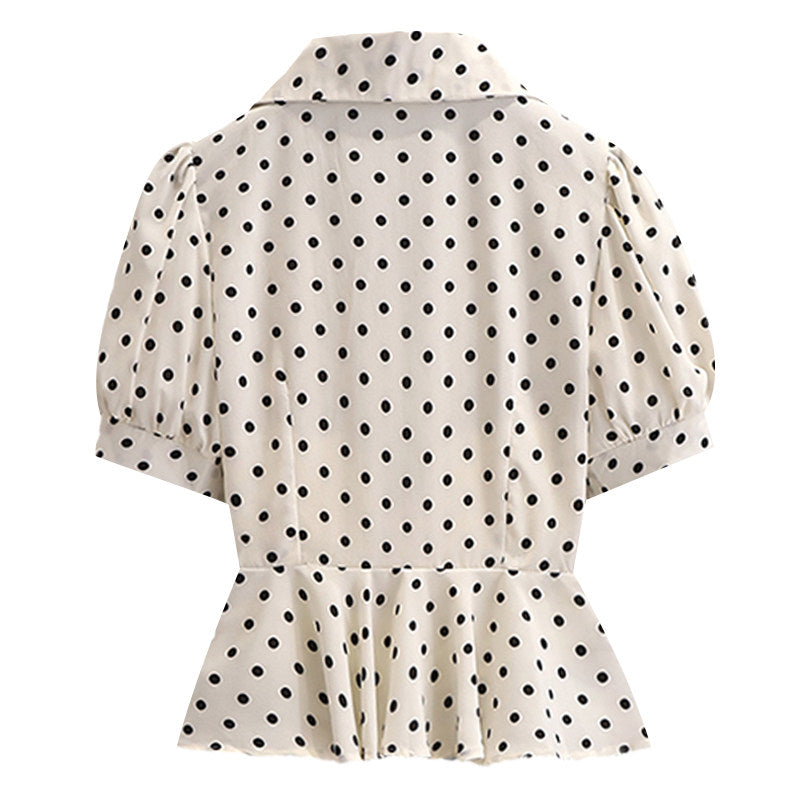 CaraCLUB Plus Size Doll Collar Polka Dot Puff Sleeve Chiffon Shirt Women's 2025 New Summer French Chic Short Sleeves
