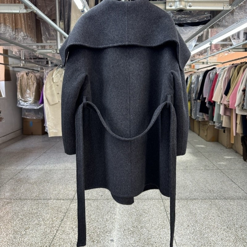 Large lapel reversible wool coat women's short 25 years new loose lapel fashion lace-up topstitch woolen jacket