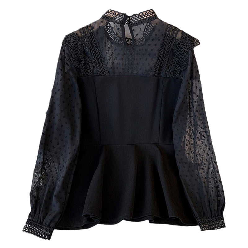 Cara CLUB plus-size polka dot lace chiffon shirt women's early autumn fashion foreign style slimming celebrity vintage top