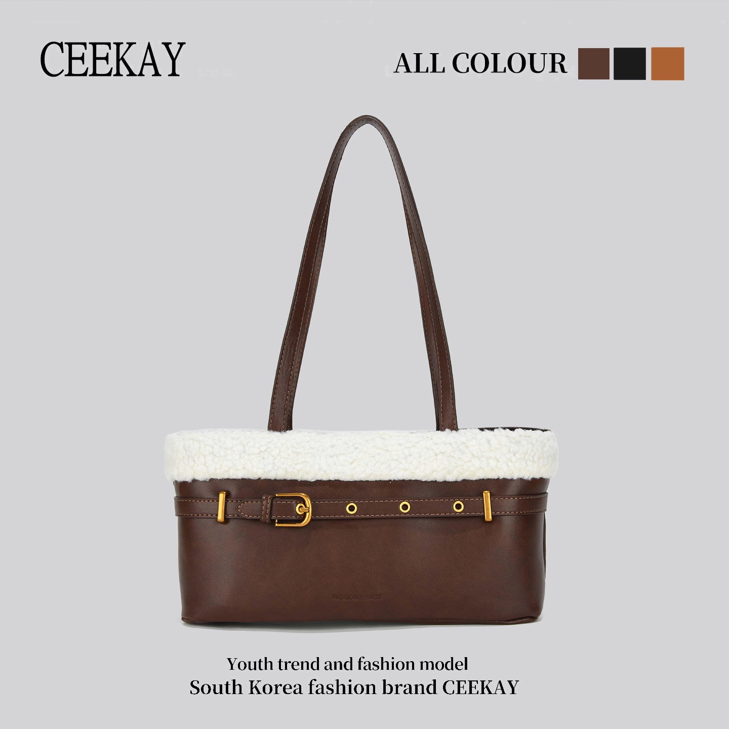 CEEKAY genuine Korean plush patchwork tote bag women's autumn and winter high-end niche design one-shoulder handbag