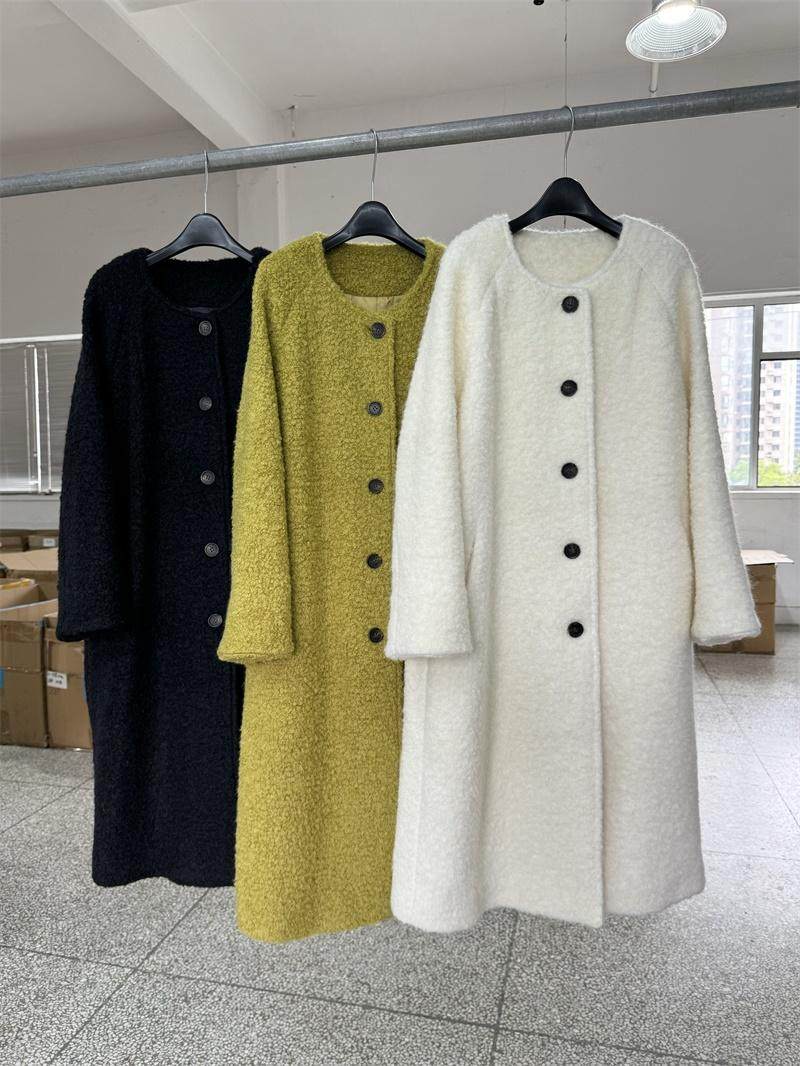 Granular cashmere lambswool coat women's mid-length autumn and winter new Korean version single-breasted crew neck seahorse wool top jacket