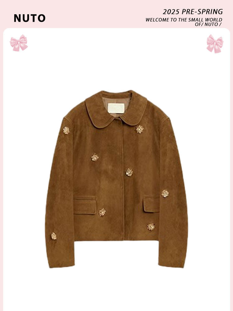 NUTO niche high-end nail bead suede cropped leather jacket 2025 new jacket for women, new spring 2025 model