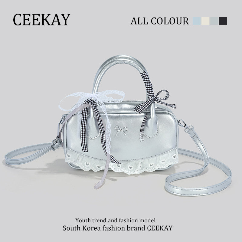 CEEKAY Genuine Niche Ribbon Bowling Pillow Bag Premium Light Luxury Bag Women's Boston Crossbody Bag