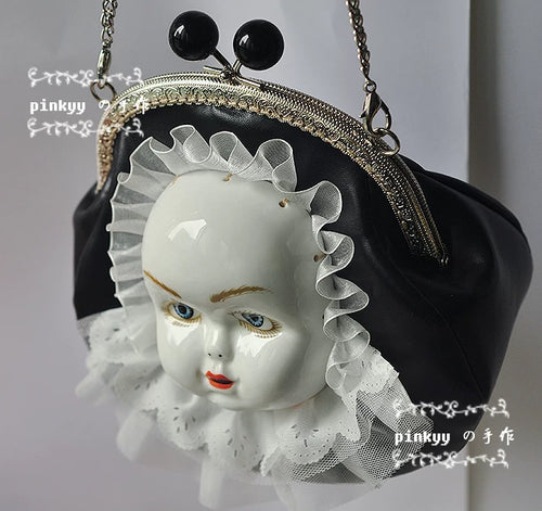 "pinkyy の hand made" antique ceramic doll face retro strange Gothic handmade diagonal cross gold bag