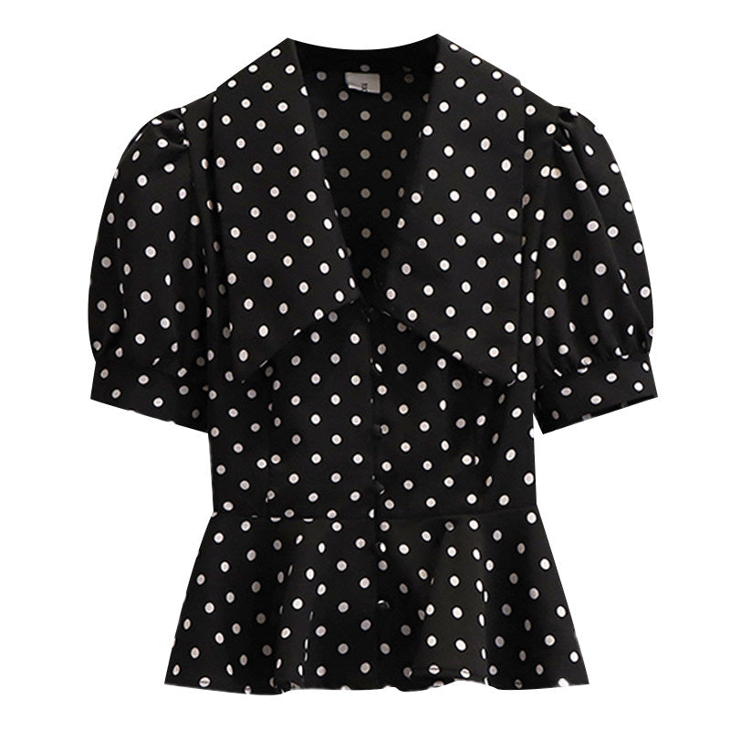 CaraCLUB Plus Size Doll Collar Polka Dot Puff Sleeve Chiffon Shirt Women's 2025 New Summer French Chic Short Sleeves