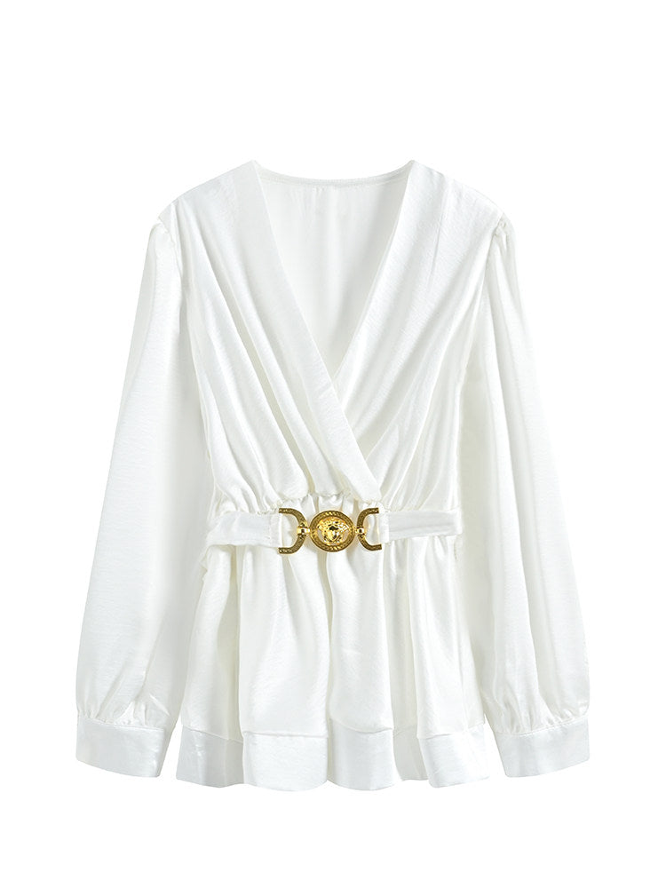 Cara CLUB large-size design shirt women's autumn fat sister French temperament age-reducing slimming long-sleeved top