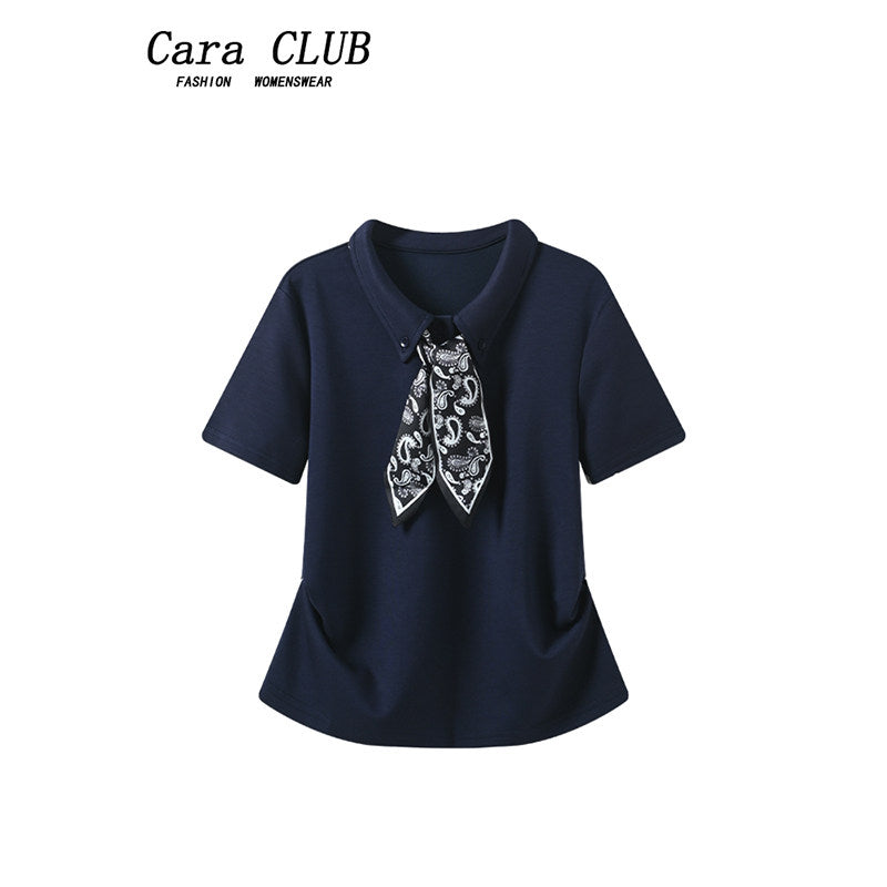 Cara CLUB plus-size polo neck straight shoulder short-sleeved T-shirt women's summer fat sister temperament to reduce age and slim down with tops