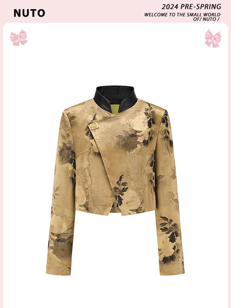NUTO [spot] Ruth same new Chinese style good luck golden stamens peony print diagonal placket short blazer