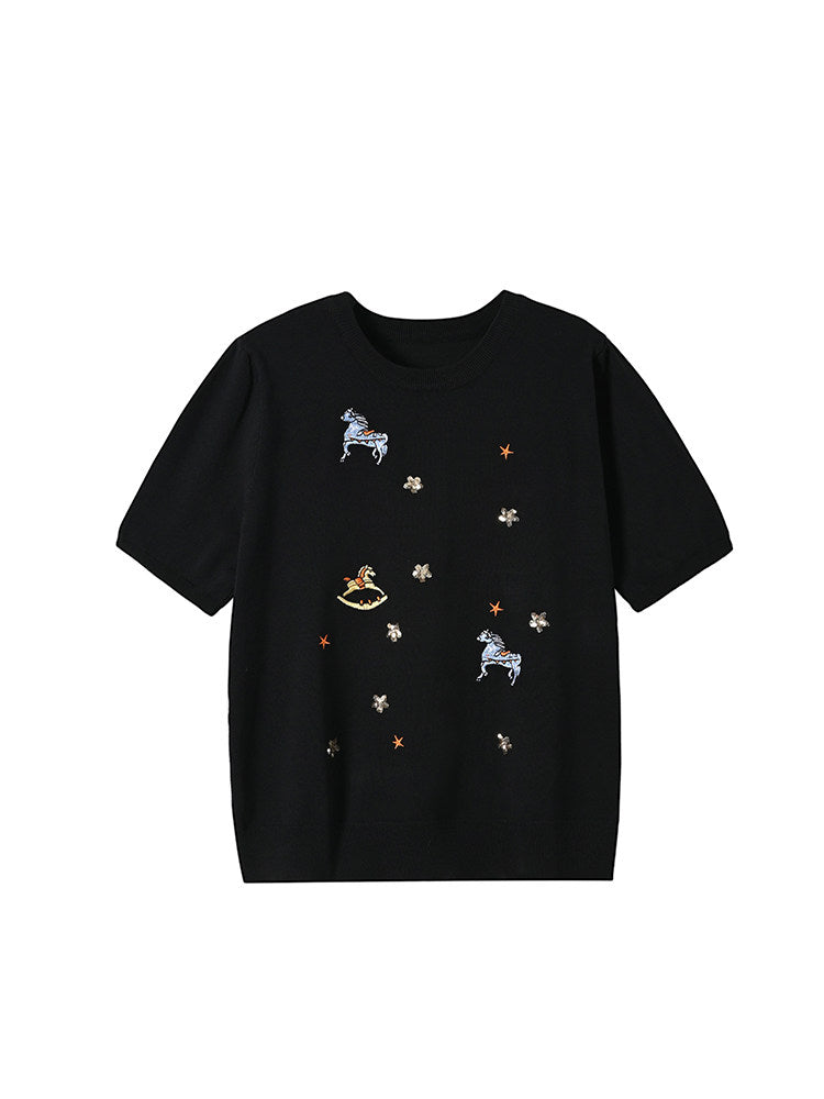 Cara CLUB large size ice silk knitted short-sleeved T-shirt women's summer fat mm loose cover belly slimming design top