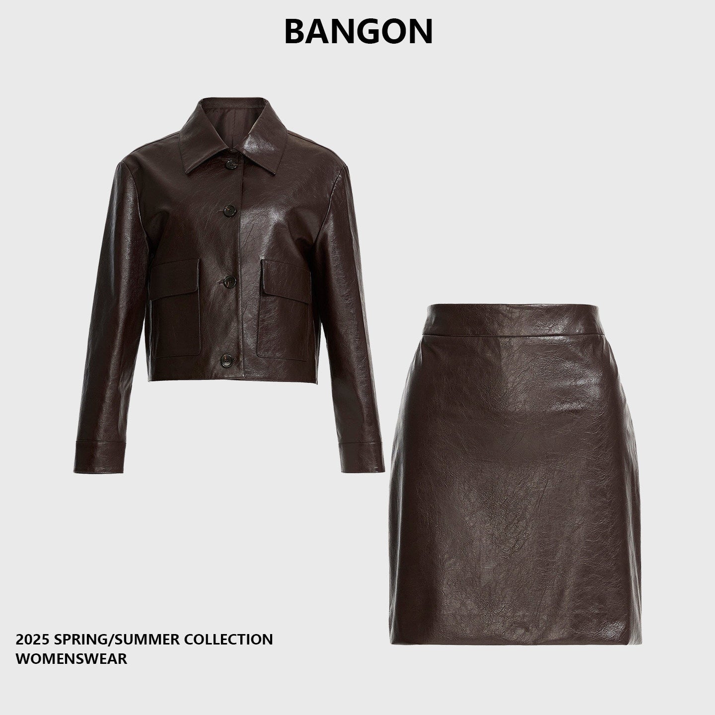 BANGON Retro PU Leather Suit Skirt Temperament Versatile Fall 2025 New High-Waist Slimming Two-Piece Set for Women