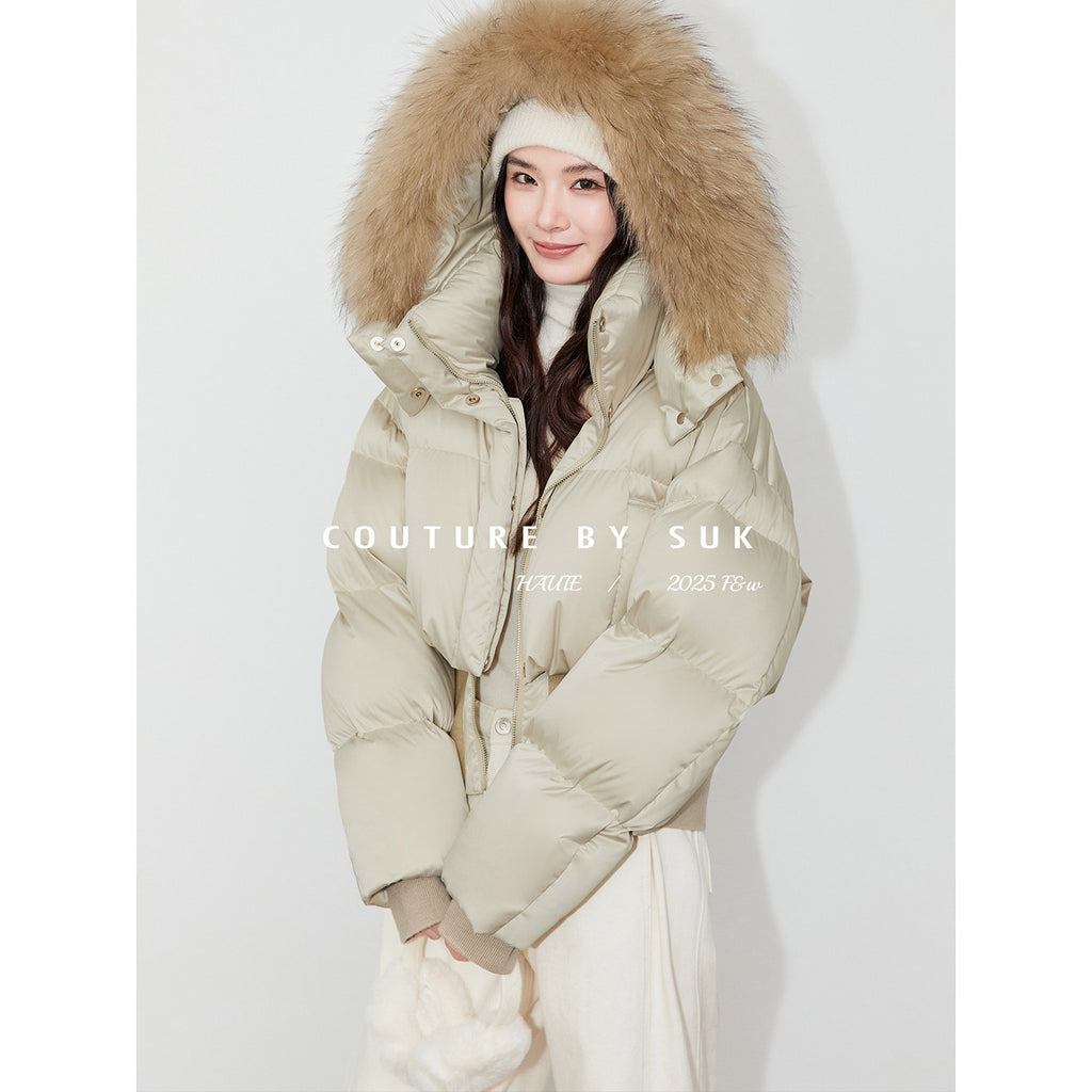 SUK Snow falls in Kyoto! 90 white goose down short autumn and winter design sense retro fashion fur collar down jacket jacket for women