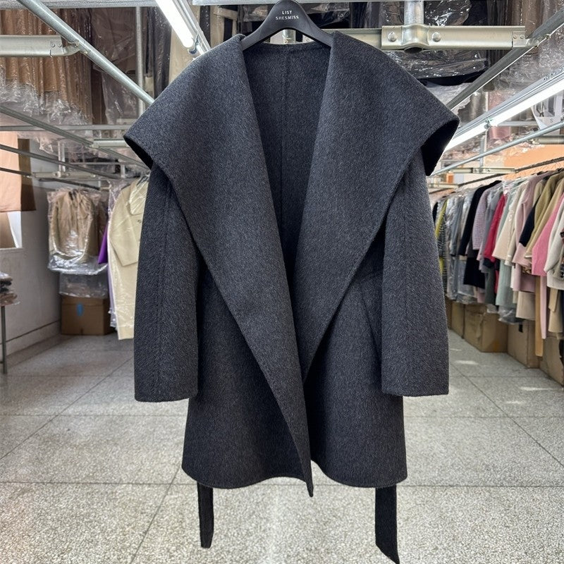 Large lapel reversible wool coat women's short 25 years new loose lapel fashion lace-up topstitch woolen jacket