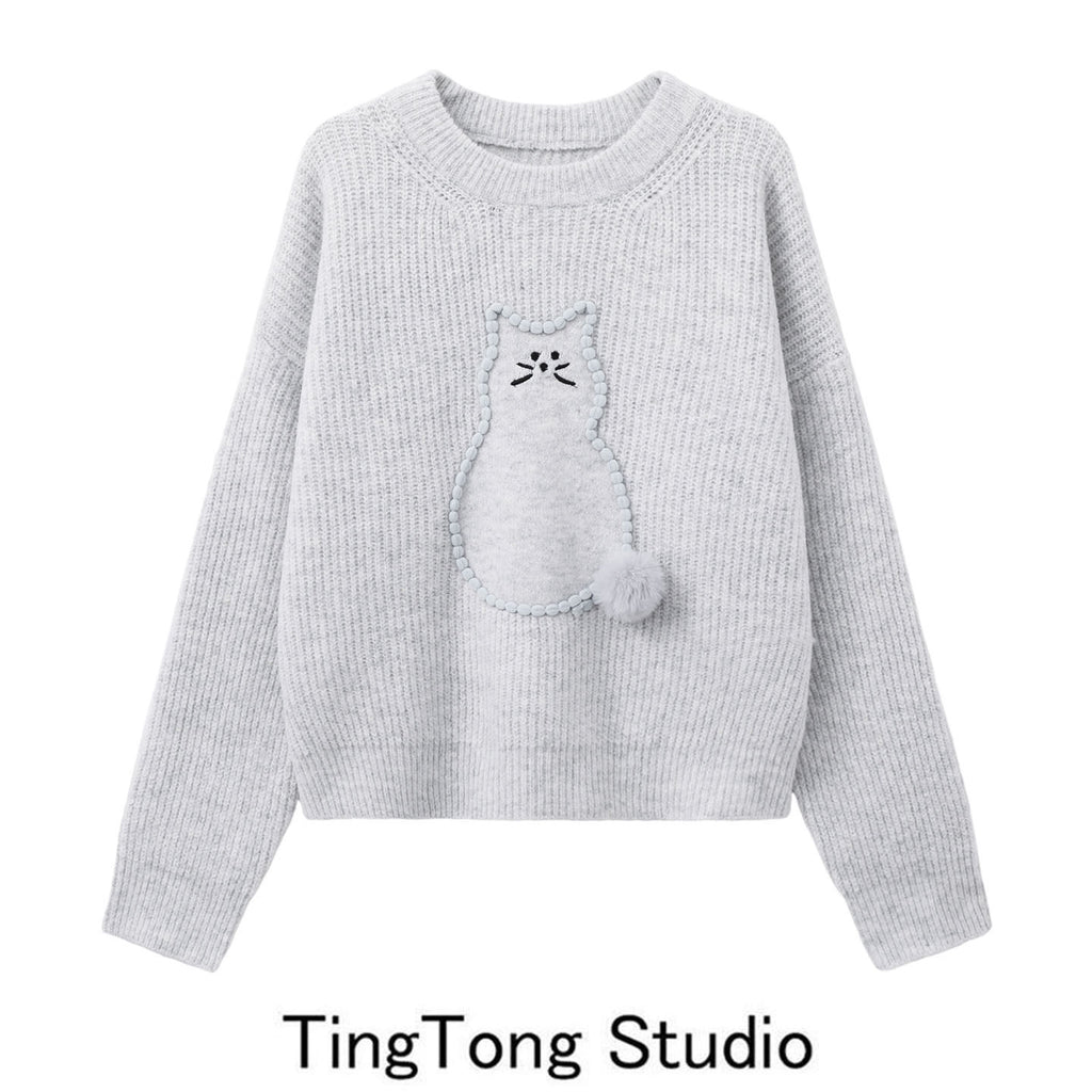 Cat pattern crew neck gray sweater women's new versatile sweet and loose pullover knitted top for autumn and winter 2025