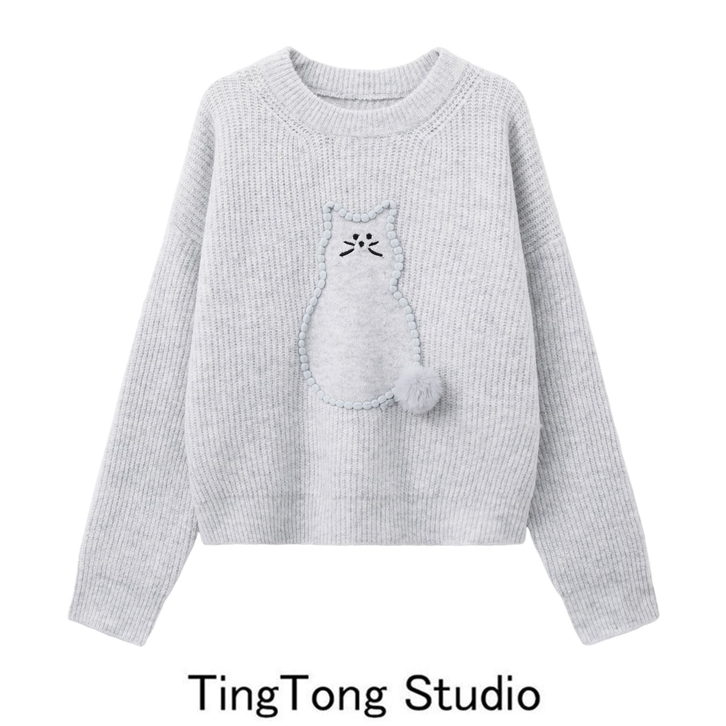 Cat pattern crew neck gray sweater women's new versatile sweet and loose pullover knitted top for autumn and winter 2025