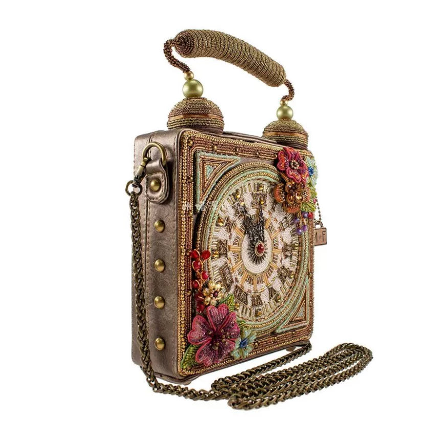 25 Mary Frances Time of Your Life Hand-Studded Beaded Clock Women's Shoulder Tote Bag