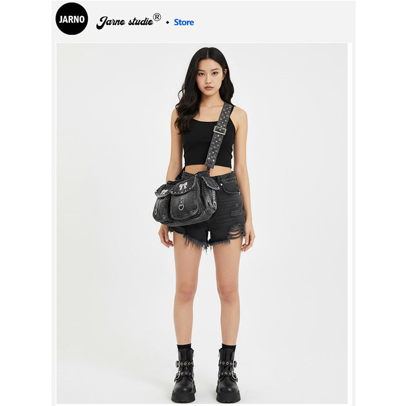 2025 American Retro Spice Girl Multi-pocket Washed Denim Bag Wide Shoulder Strap Armpit Bag Women's Single Shoulder Crossbody Bag Large