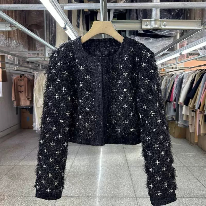 Unique small fragrance short jacket top, 25 years spring, new round neck, French temperament, heavy work nail beads, high-end feeling