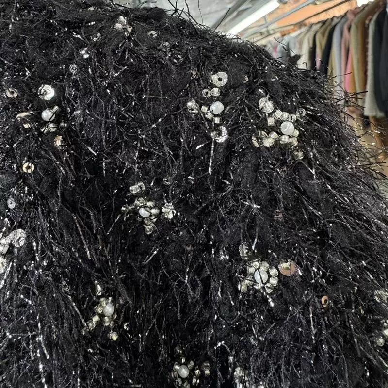 Unique small fragrance short jacket top, 25 years spring, new round neck, French temperament, heavy work nail beads, high-end feeling