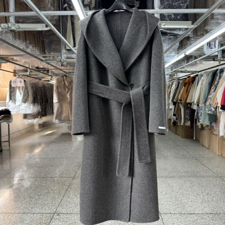 Hooded black reversible wool coat women's mid-length 25 autumn/winter new simple loose silhouette woolen coat