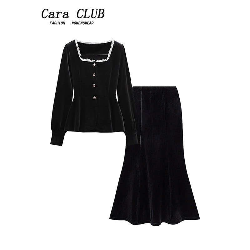 Cara CLUB plus size long sleeve small fragrant style suit skirt women's autumn fat mm French gold velvet shirt skirt