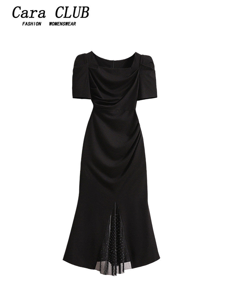 Cara CLUB plus-size royal sister wind chiffon dress female summer fat sister waist slimming fringe mermaid skirt