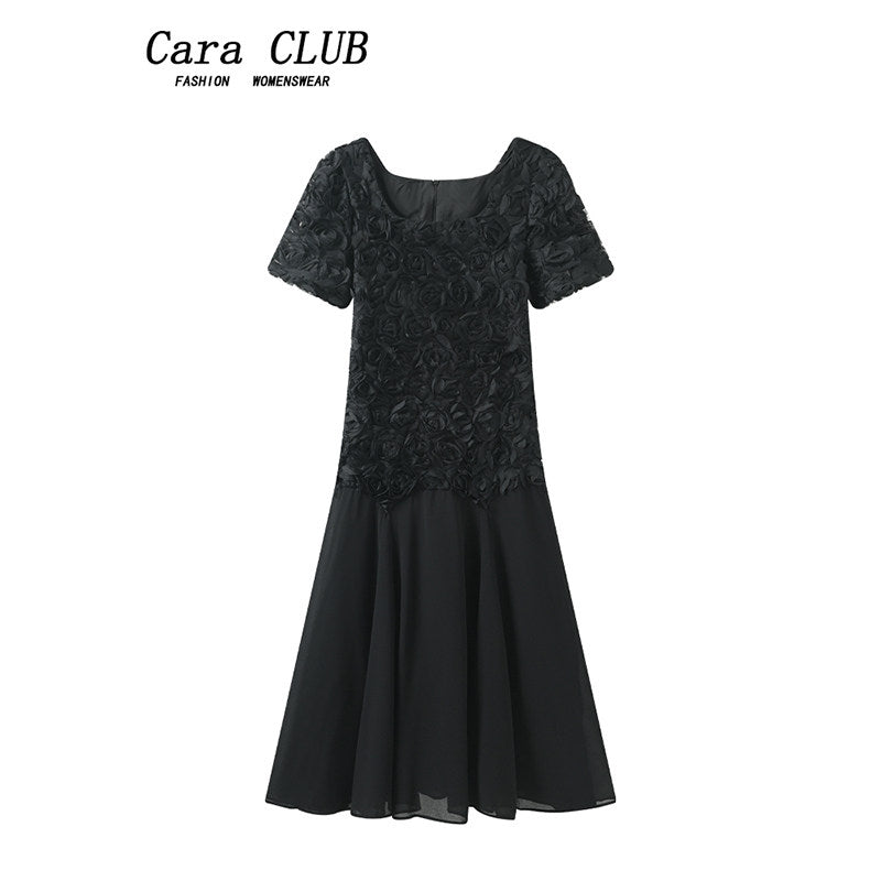 CaraCLUB large size straight shoulder short sleeve dress women's summer new fat sister temperament versatile design skirt