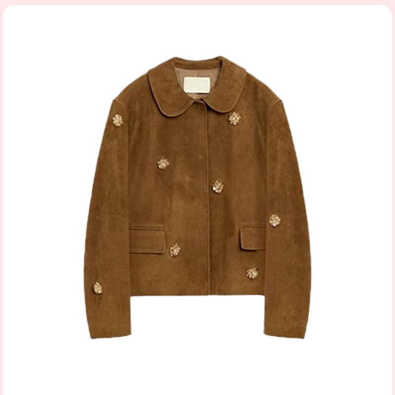 NUTO niche high-end nail bead suede cropped leather jacket 2025 new jacket for women, new spring 2025 model