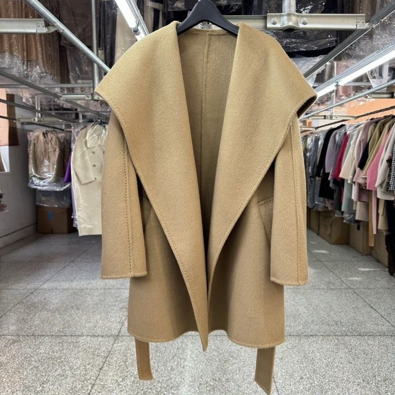 Large lapel reversible wool coat women's short 25 years new loose lapel fashion lace-up topstitch woolen jacket