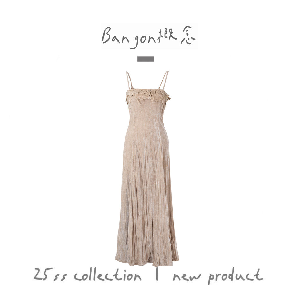 BANGON velvet slip dress lace patchwork lace design sense new skirt for spring 2026 women