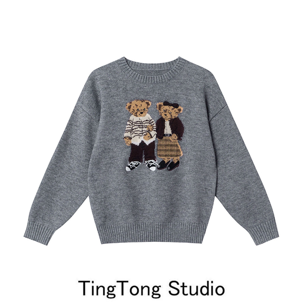 Cartoon bear jacquard embroidery crew neck sweater women's autumn and winter new cute age-reducing loose pullover knitted top