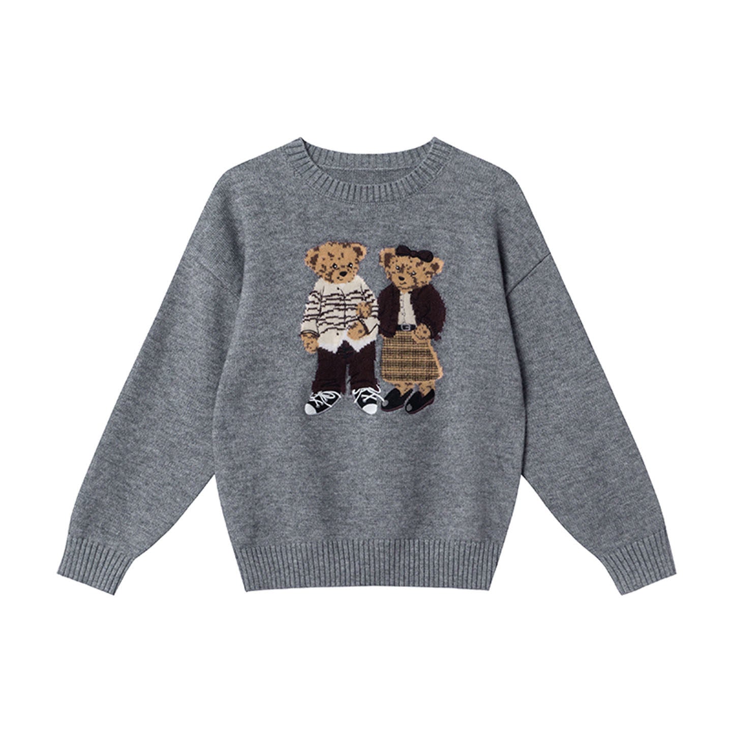 Cartoon bear jacquard embroidery crew neck sweater women's autumn and winter new cute age-reducing loose pullover knitted top