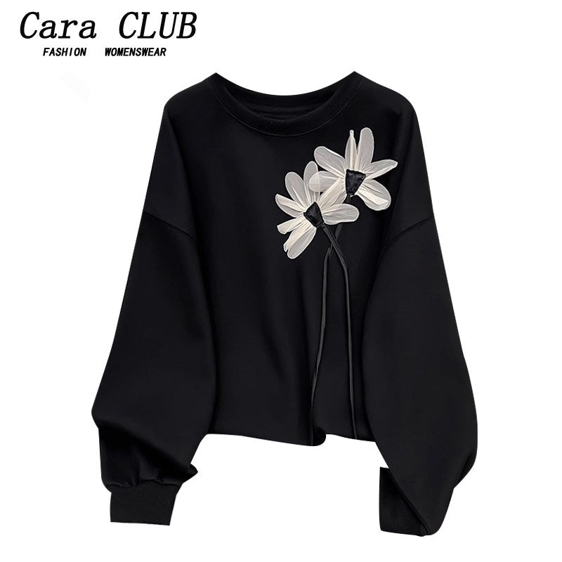 CaraCLUB plus-size design crew neck long sleeve fleece sweatshirt women's 2025 autumn new printed slimming top