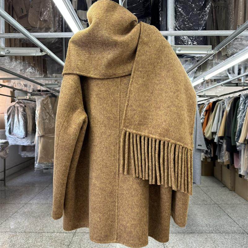 Scarf, reversible wool coat, women's short model, new loose fashion crew neck temperament woolen jacket for autumn/winter 2025