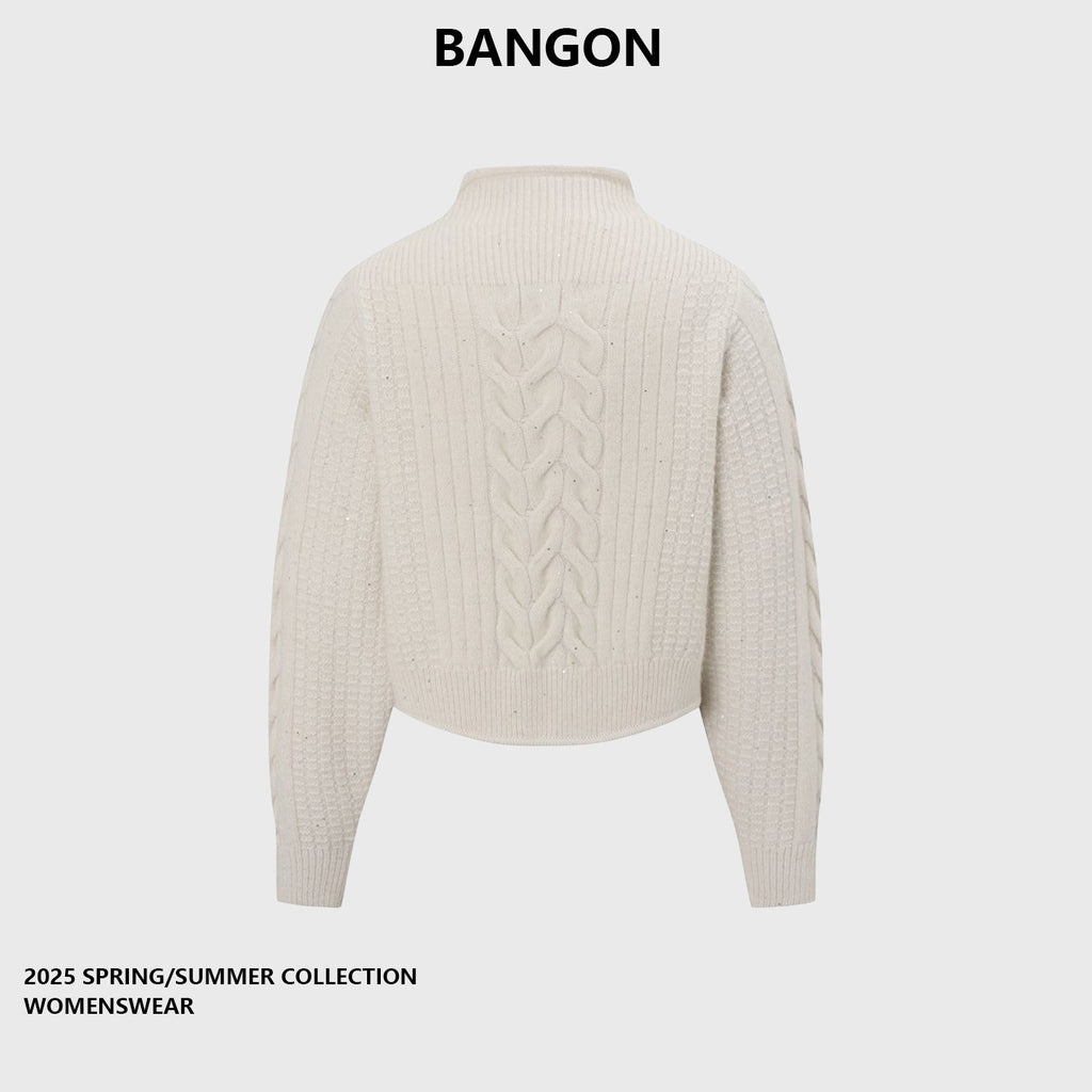 BANGON semi-turtleneck knitted cardigan with a snap design sense New casual and versatile sweater for spring 2026