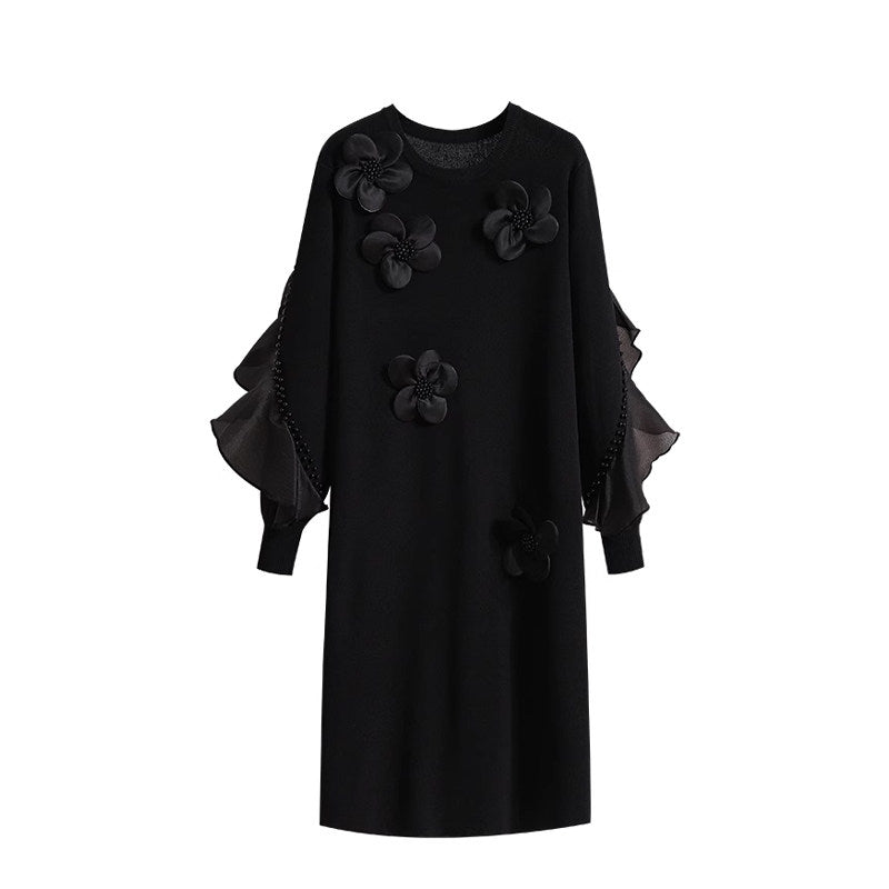 Cara CLUB plus-size Hepburn-style knitted dress women's 2025 autumn new fat sister French bellflower skirt