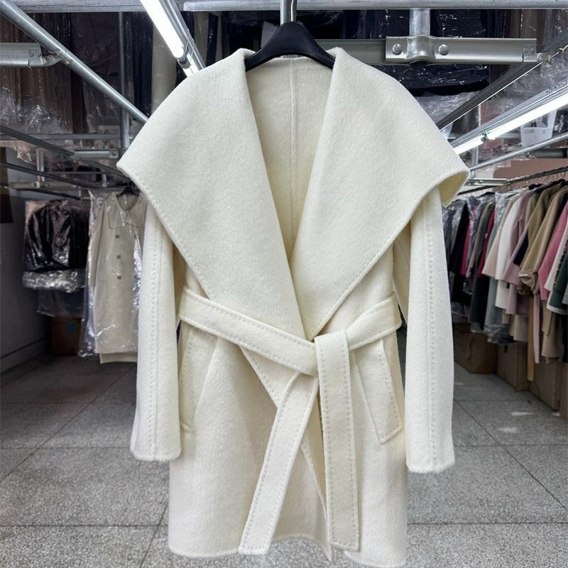 Large lapel reversible wool coat women's short 25 years new loose lapel fashion lace-up topstitch woolen jacket