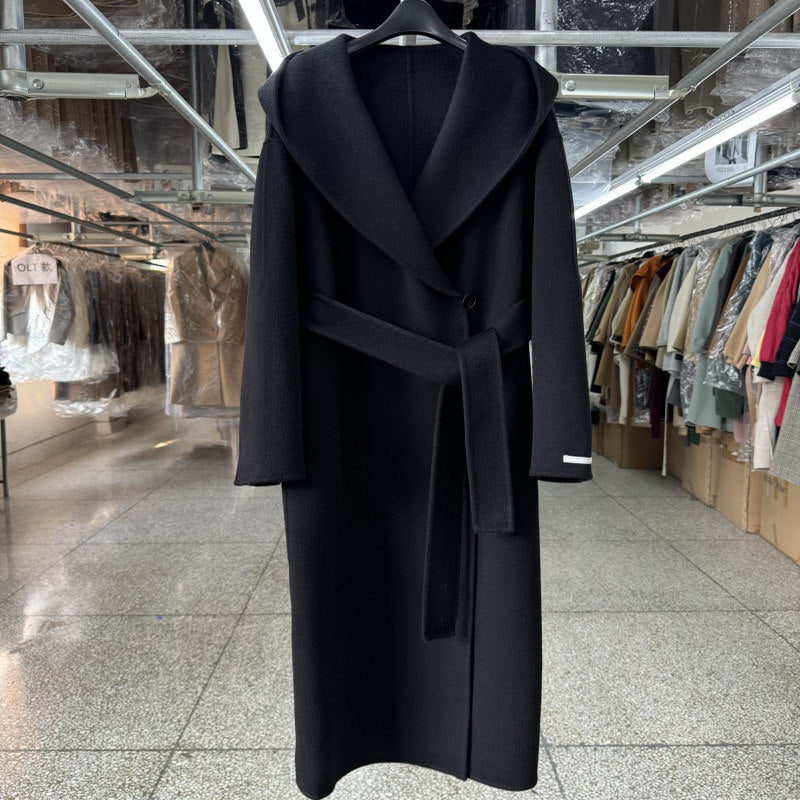 Hooded black reversible wool coat women's mid-length 25 autumn/winter new simple loose silhouette woolen coat