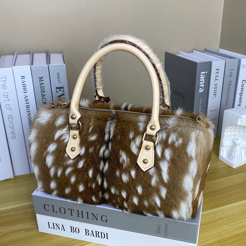 Boston bag sika deer real fur straw handbag bag women's shoulder crossbody fashion plush handbag 2026 new