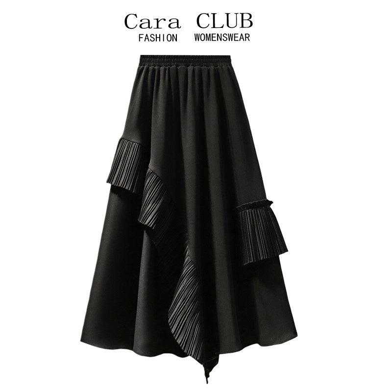 Cara CLUB plus-size high-waisted slimming irregular skirt women's summer mid-length design sense age-reducing A-line skirt