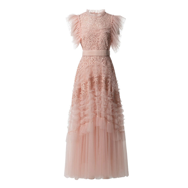 2025 new niche design, round neck, hollow embroidery, waist, large swing, lotus leaf, short-sleeved dress, dress, long skirt for women